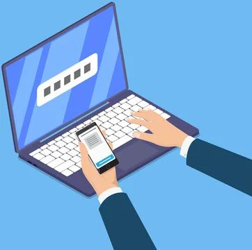 Work space office. Top view Businessmans hands using laptop, phone and typing on Stock Illustration