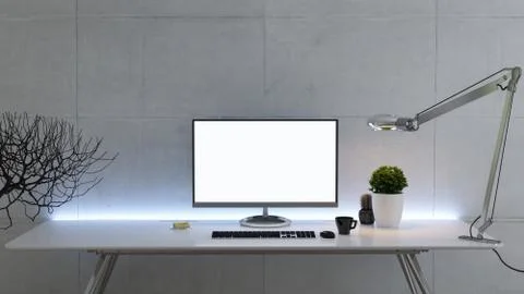 Work space stand mock up with table and plant, pc screen front view concrete Stock Illustration