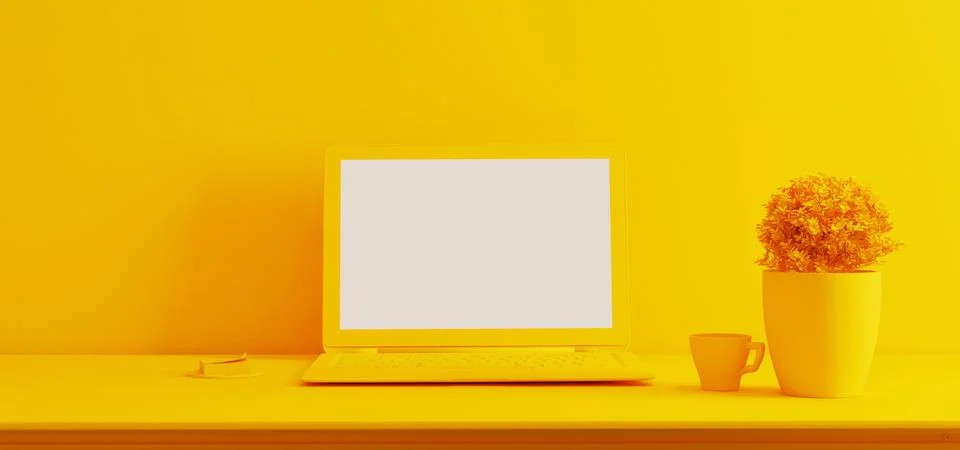 Work space stand mock up with table front wall yellow single color Stock Illustration