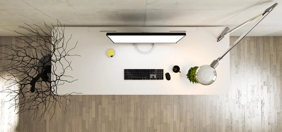 Work space stand mock up with table and plant, monitor; cup; keyboard top vie Stock Illustration