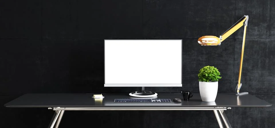 Work space stand mock up with table and plant, computer, keyboard, mouse; cup Foto stock