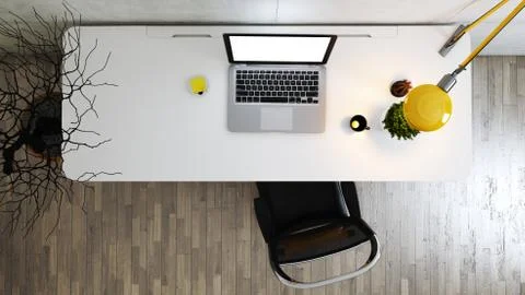 Work space stand mock up with table and plant, laptop, cup; sticker top view Stock Photos