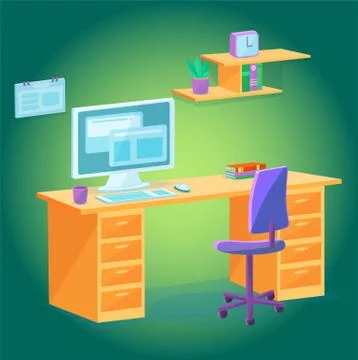 Work space table, chair and shelves - computer with web page Stock Illustration