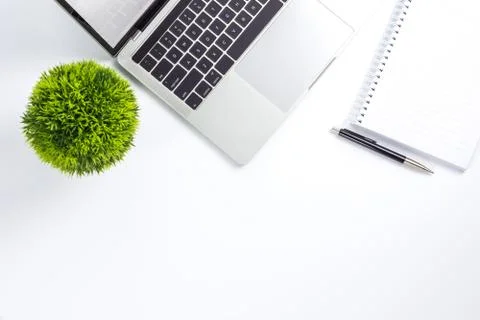 Work space on table with laptop computer, notebook, pen and plant pot, top vi Stock Photos