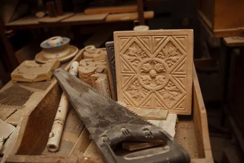 Work space in a workshop with tools Stock Photos