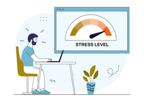 Work stress level. Man with laptop near gauge meter. Emotions and feelings Illustrazione stock