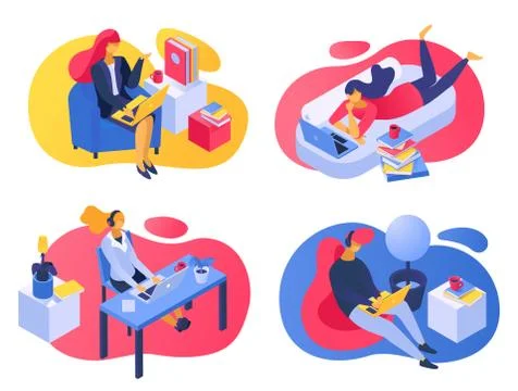 Work study at home, vector illustration. Mab woman character with flat laptop Stock Illustration