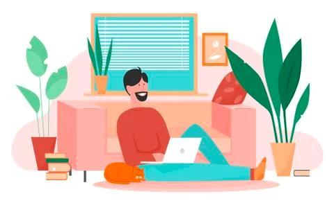 Work, study or rest at home character flat vector illustration, home office Stock Illustration