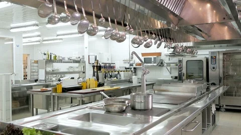 Work surface and kitchen equipment in professional kitchen Stock Footage 106187846