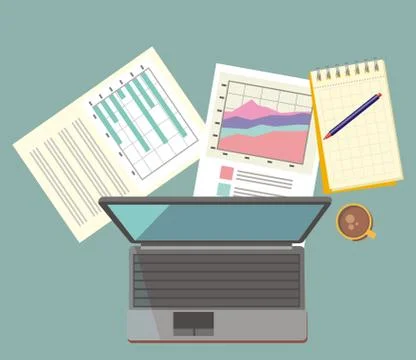 Work Table Document and Laptop Design Flat 스톡 일러스트