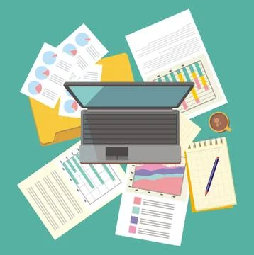 Work Table Document and Laptop Design Flat 스톡 일러스트