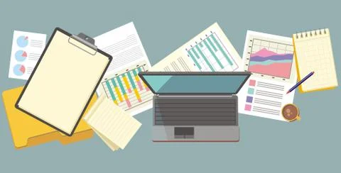 Work Table Document and Laptop Design Flat Stockillustratie