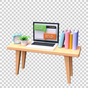 Work table with laptop, books and alarm clock. 3d workplace Stock Illustration