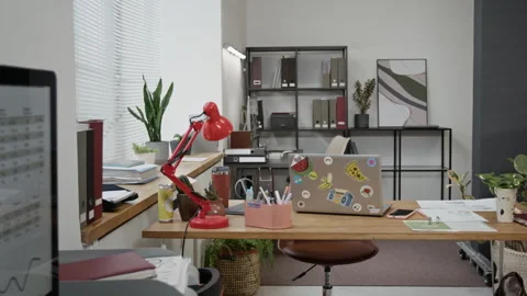 Work Table with Laptop, Desk Lamp, Thermos, Documents, Small Plants and Phone Stock Footage 330519288