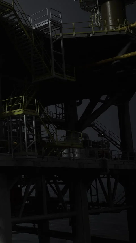Work takes place on an oil rig at night with limited light sources Stock Footage 332233344