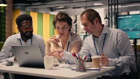 Work team, business intelligence, forecasting reports, multinational company, Stock Footage 329332335