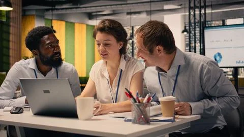 Work team, business intelligence, forecasting reports, multinational company Stock Photos