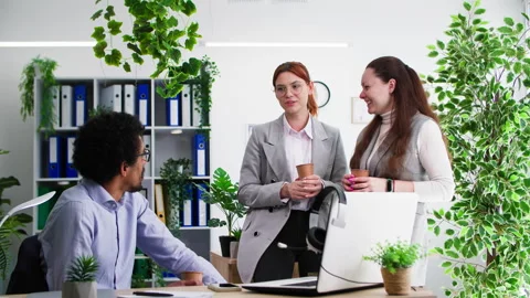Work team, young female and male colleagues having fun talking during coffee Stock Footage 306159570