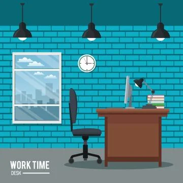 Work time desk clock chair laptop window brick wall イラスト素材