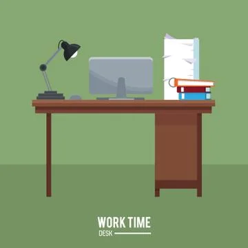 Work time desk laptop lamp stack documents green background 库存插图