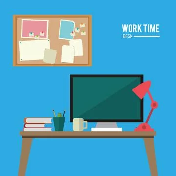 Work time desk space laptop lamp notice board Stockillustratie