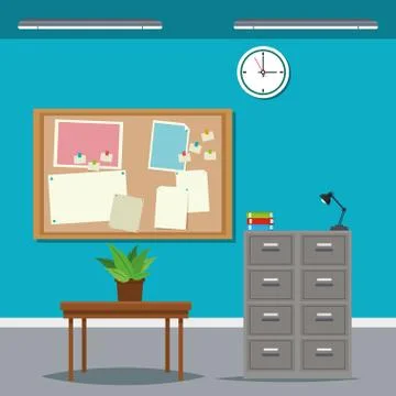 Work time desk table cabinet file clock plant Stock Illustration
