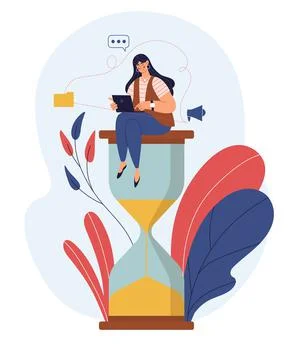 Work time. Job deadline concept. Woman on hourglass. Girl with laptop sitting 스톡 일러스트