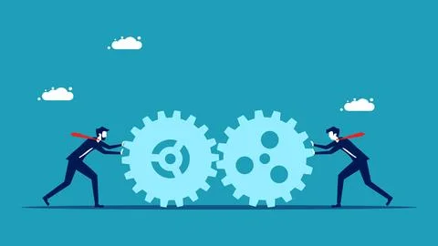 Work together to build a business. Two businessmen pushing gears towards each Stock Illustration