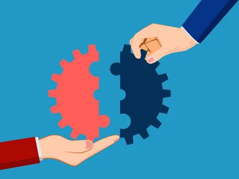 Work together. two hands assemble gears Illustrazione stock