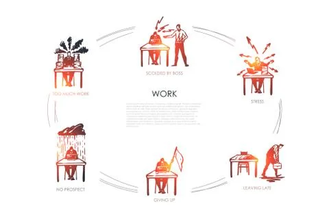 Work - too much work, no respect, giving up, leaving late, stress, scolded by Stock Illustration