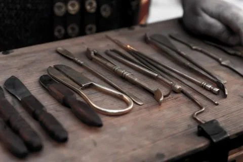 Work tool surgeon medium field operating tweezers clamps, improvised tools Stock Photos