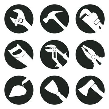 Work Tools. 9 monochrome vector icons set for site. Stock Illustration