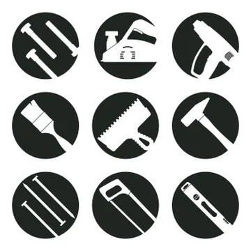 Work Tools. 9 monochrome vector icons set for site. Stock Illustration