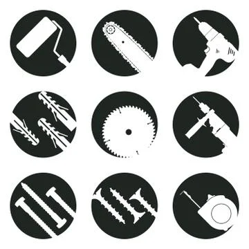 Work Tools. 9 monochrome vector icons set for site. Stock Illustration