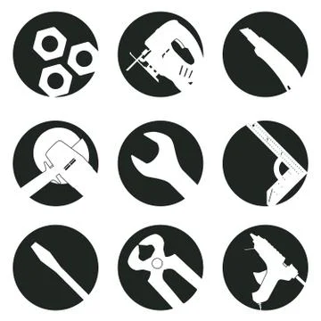 Work Tools. 9 monochrome vector icons set for site. Stock Illustration