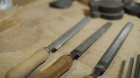 Work Tools And Equipment In Lute Maker Workshop Stock Footage 119390918