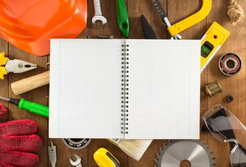 Work tools and instruments on wood Foto stock