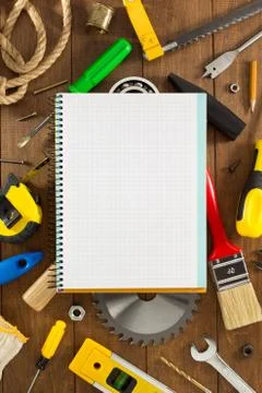 Work tools and instruments on wood Foto stock