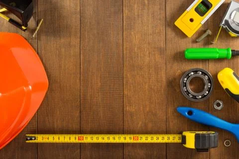 Work tools and instruments on wood Stock Photos