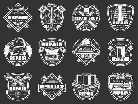 Work tools badges. Construction and repair service Stock Illustration