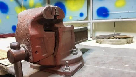 Work tools on the board and in the workshop. Workshop scene. A lot of old too Fotos Stock