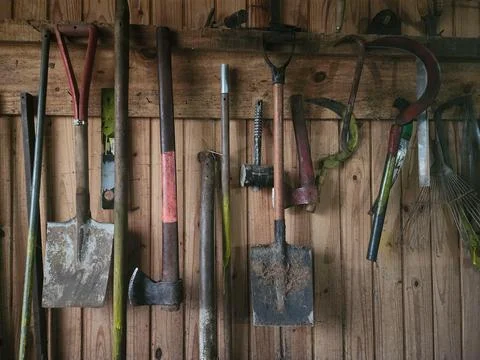 Work tools hanging on the wall Stock Photos