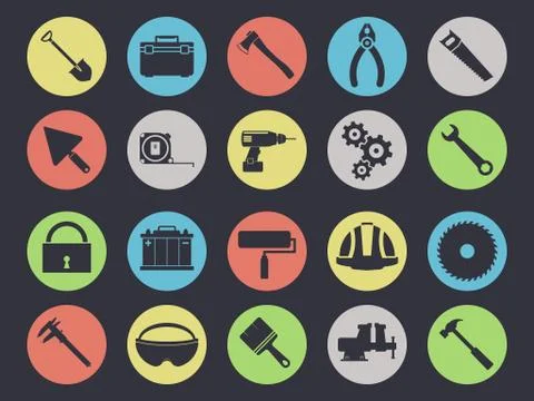Work tools icons set isolated on black Stock Illustration