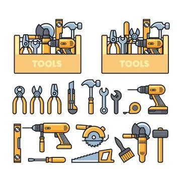 Work tools icons - toolbox, puncher, drill, wrench, plane, saw, pliers and co Stock-Illustration