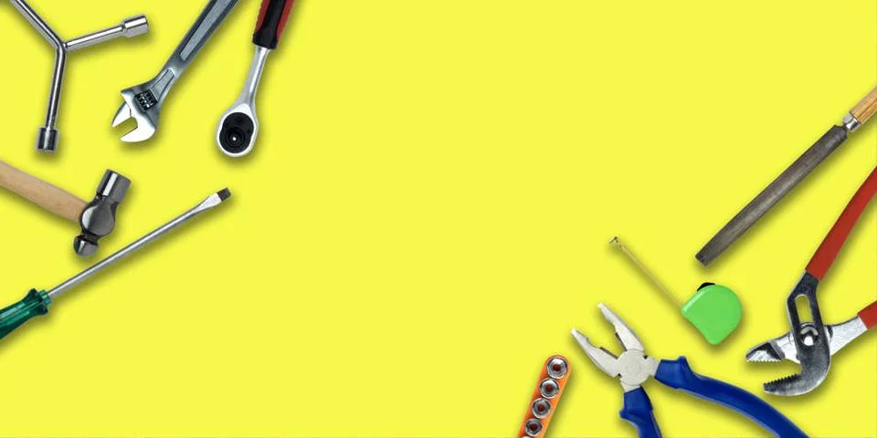 Work Tools Set Topview of Different Work Tools on Yellow Background- Stock... 写真素材