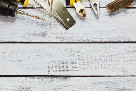 Work tools on wooden background Stock Photos