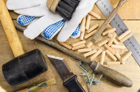 Work tools on a wooden table Stock Photos