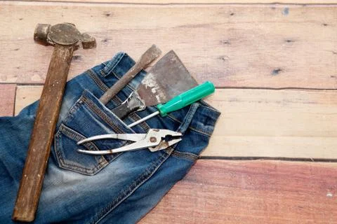 Work tools for work and construction on a wooden background Stock Photos