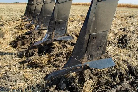 Work of the trailed unit for tillage in the field Stock Photos