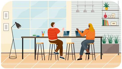 Work on trendy computer in creative space. People working with laptops and Ilustración de archivo